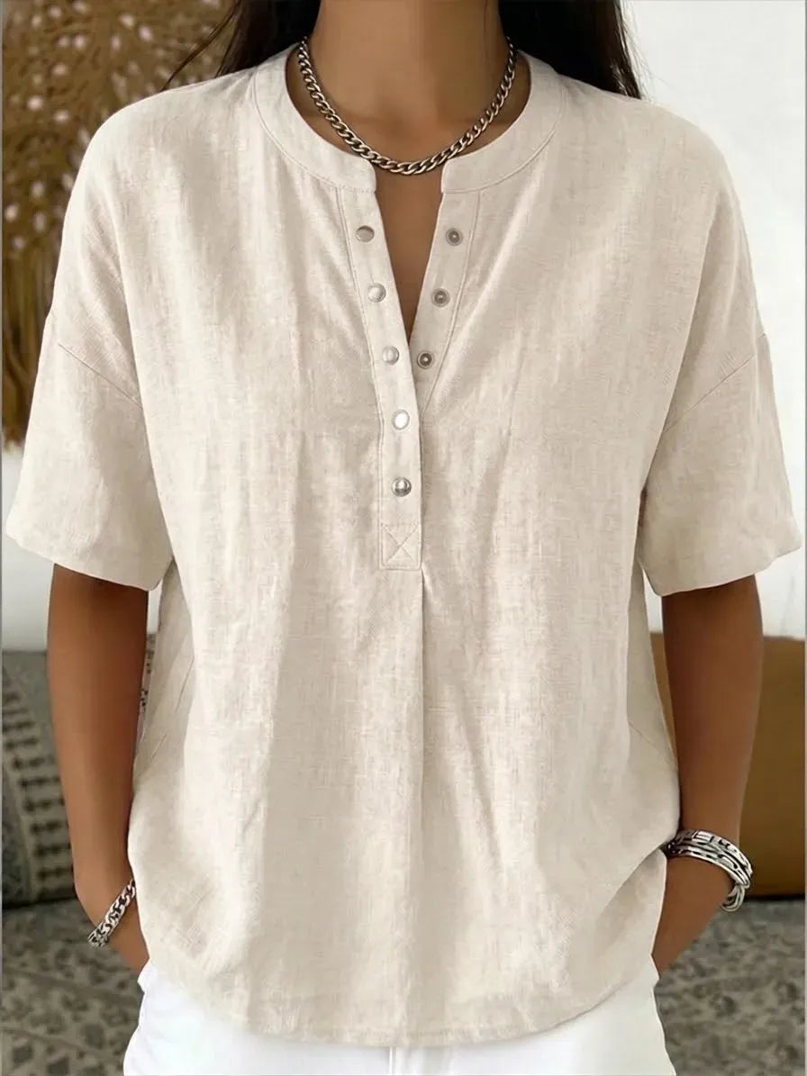 New Arrivals🔥 Women's Casual Henley Collar Linen And Cotton Short-sleeve Shirt