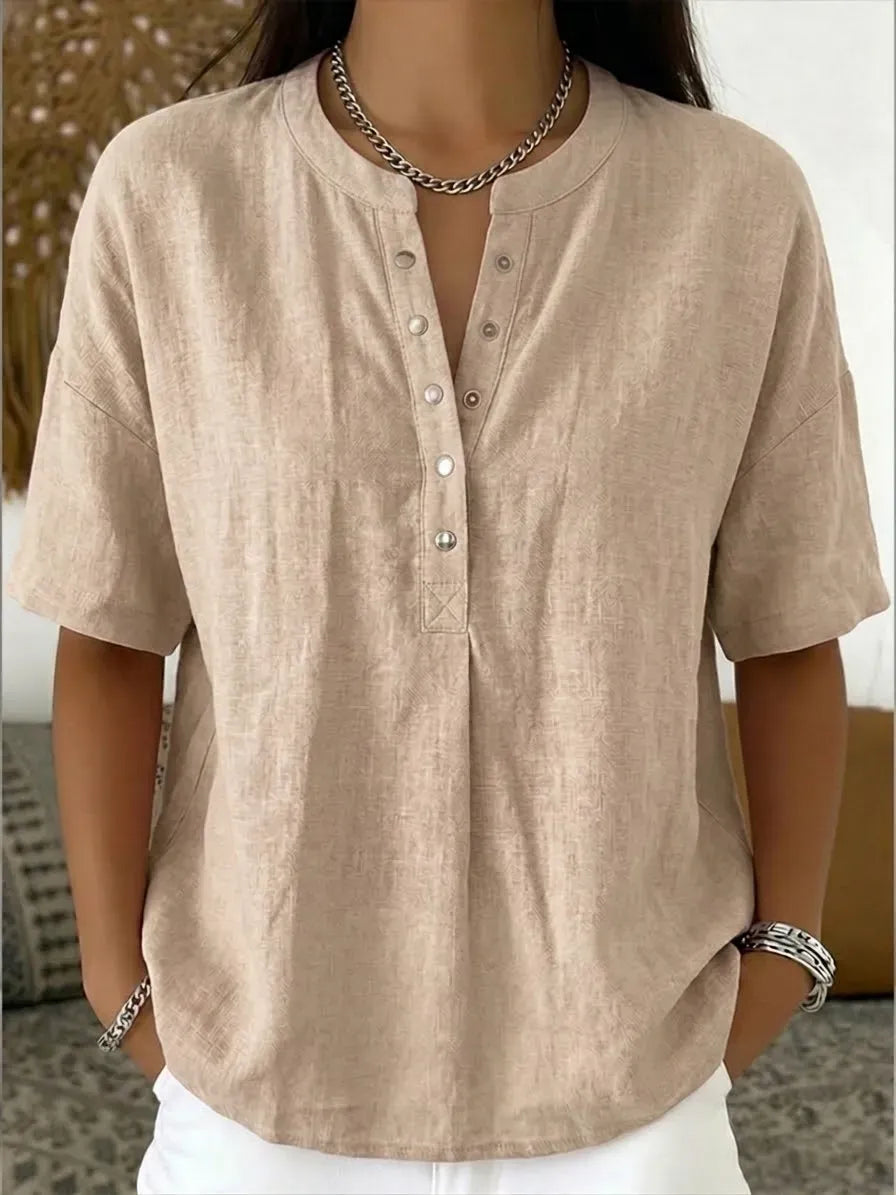 New Arrivals🔥 Women's Casual Henley Collar Linen And Cotton Short-sleeve Shirt