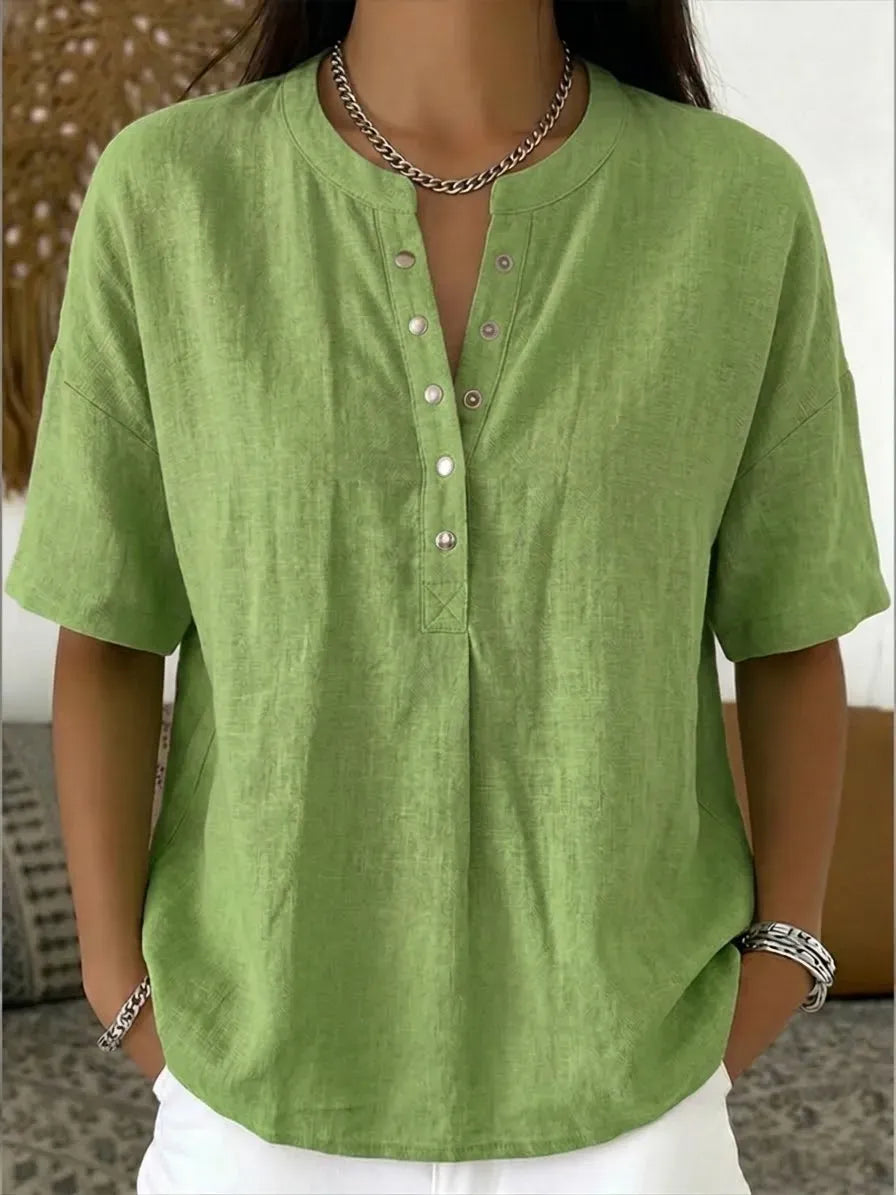 New Arrivals🔥 Women's Casual Henley Collar Linen And Cotton Short-sleeve Shirt