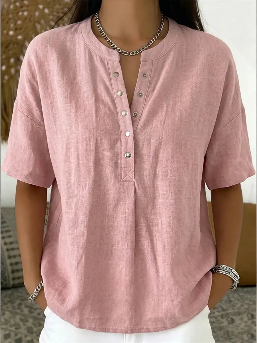 New Arrivals🔥 Women's Casual Henley Collar Linen And Cotton Short-sleeve Shirt