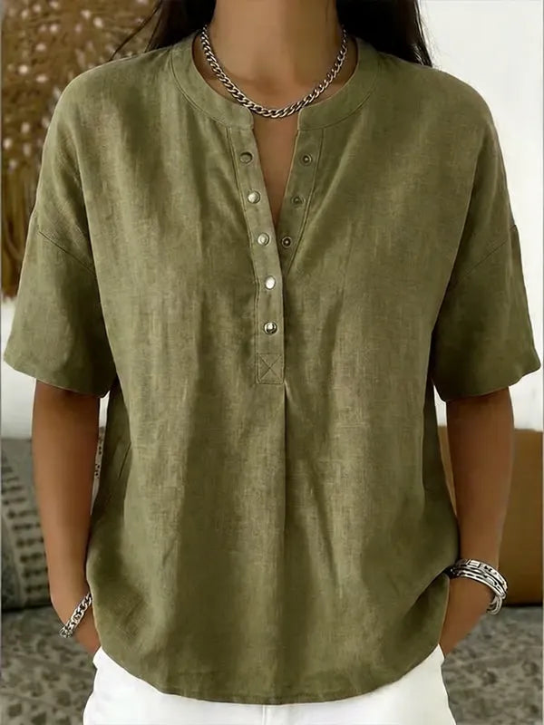 New Arrivals🔥 Women's Casual Henley Collar Linen And Cotton Short-sleeve Shirt
