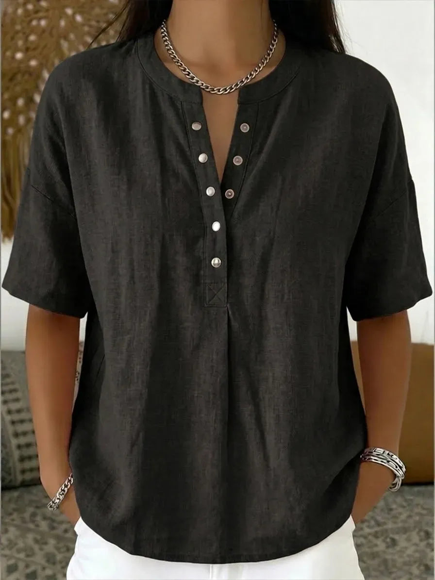 New Arrivals🔥 Women's Casual Henley Collar Linen And Cotton Short-sleeve Shirt