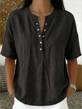 New Arrivals🔥 Women's Casual Henley Collar Linen And Cotton Short-sleeve Shirt