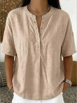 New Arrivals🔥 Women's Casual Henley Collar Linen And Cotton Short-sleeve Shirt