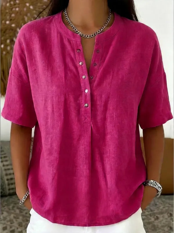 New Arrivals🔥 Women's Casual Henley Collar Linen And Cotton Short-sleeve Shirt