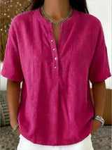 New Arrivals🔥 Women's Casual Henley Collar Linen And Cotton Short-sleeve Shirt