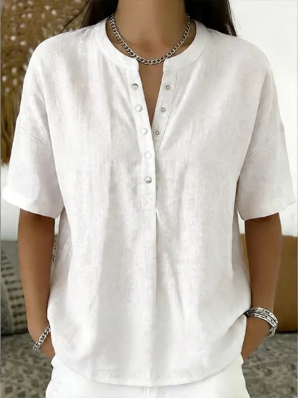 New Arrivals🔥 Women's Casual Henley Collar Linen And Cotton Short-sleeve Shirt