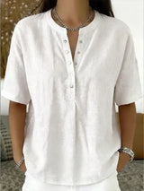 New Arrivals🔥 Women's Casual Henley Collar Linen And Cotton Short-sleeve Shirt